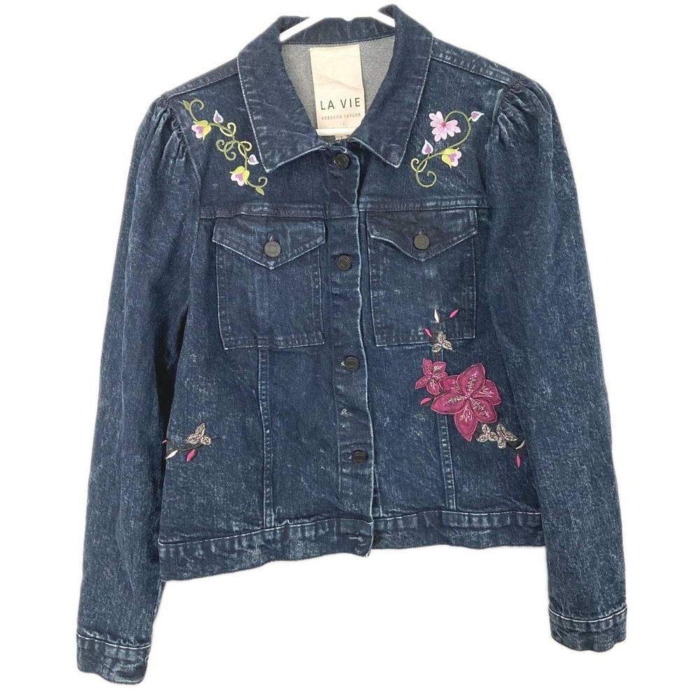 La Vie Rebecca Taylor Jacket Women L Blue Denim Floral Embroidered Applique